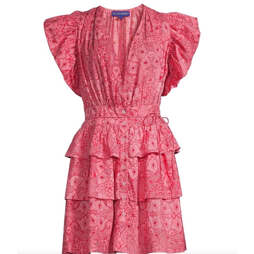 Tuckernuck Ro’s Garden Hunan Floral Mini Dress M Pink Flutter Sleeve V Neck NEW